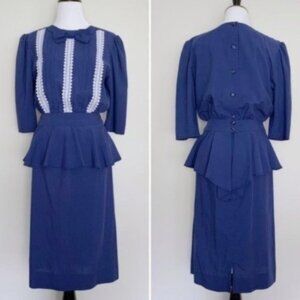 Vintage 80s does 40s Blue Peplum Blouse & Skirt Set with Lace & Bow XS/S